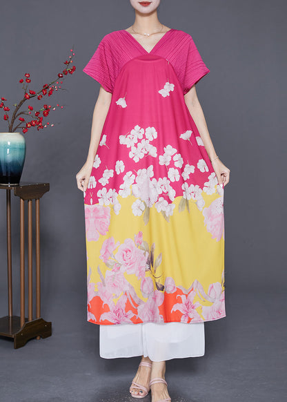 Rose V Neck Patchwork Print Silk Party Dress Summer
