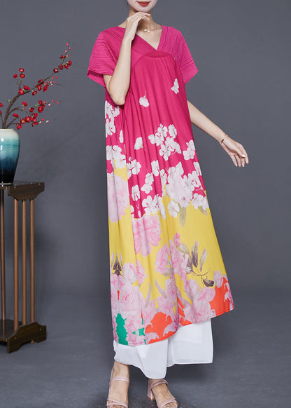 Rose V Neck Patchwork Print Silk Party Dress Summer