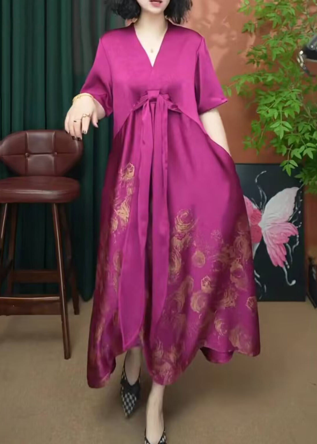 Rose V Neck Print Patchwork Silk Long Dress Summer