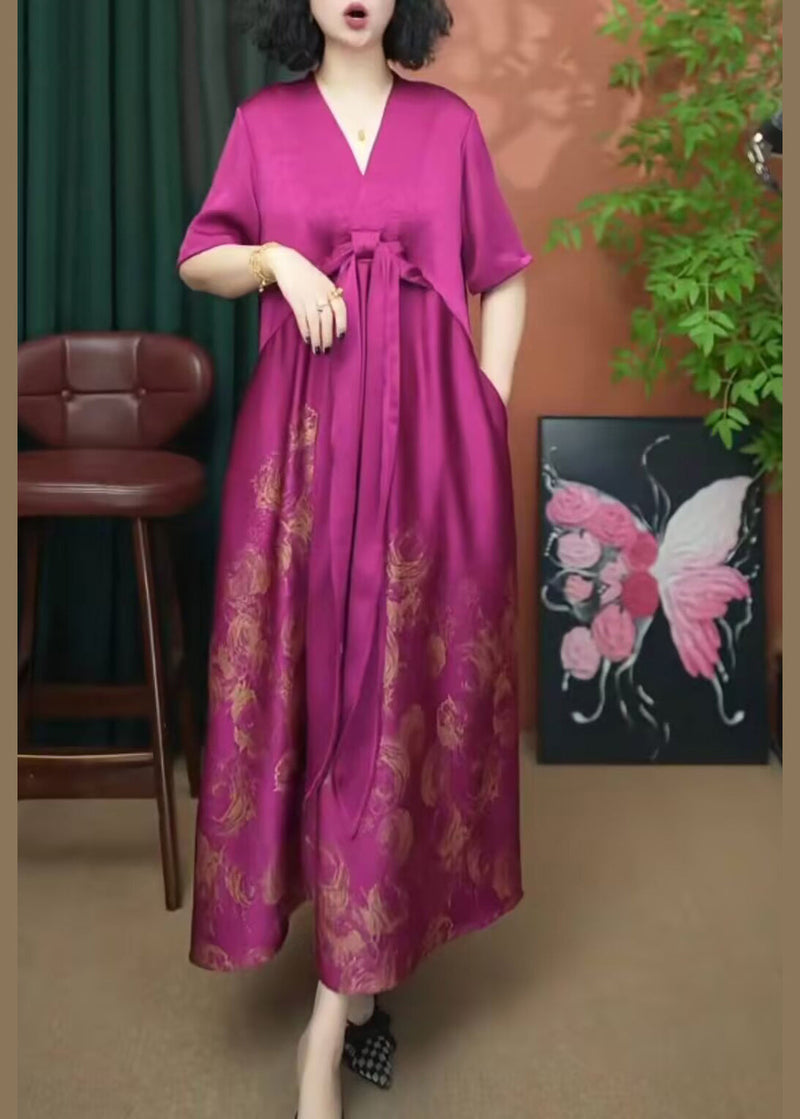 Rose V Neck Print Patchwork Silk Long Dress Summer