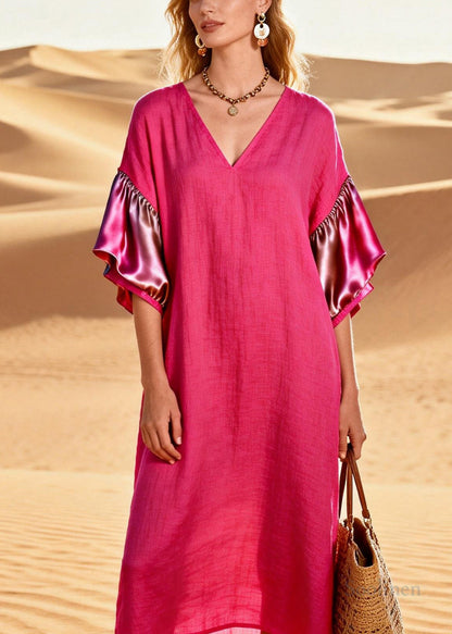 Rose V Neck Silk Patchwork Linen Dress Summer