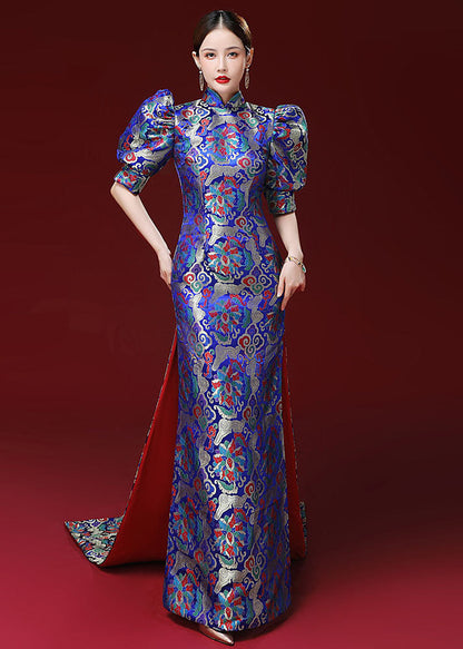 Royal Blue Embroidered Side Open Silk Mopping Maxi Dresses Puff Sleeve