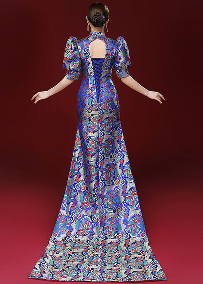 Royal Blue Embroidered Side Open Silk Mopping Maxi Dresses Puff Sleeve