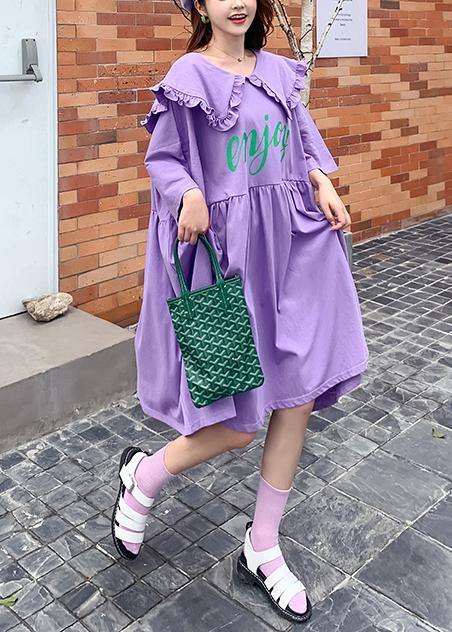 Ruffled Batwing Sleeve Dress Purple Letter Dresses