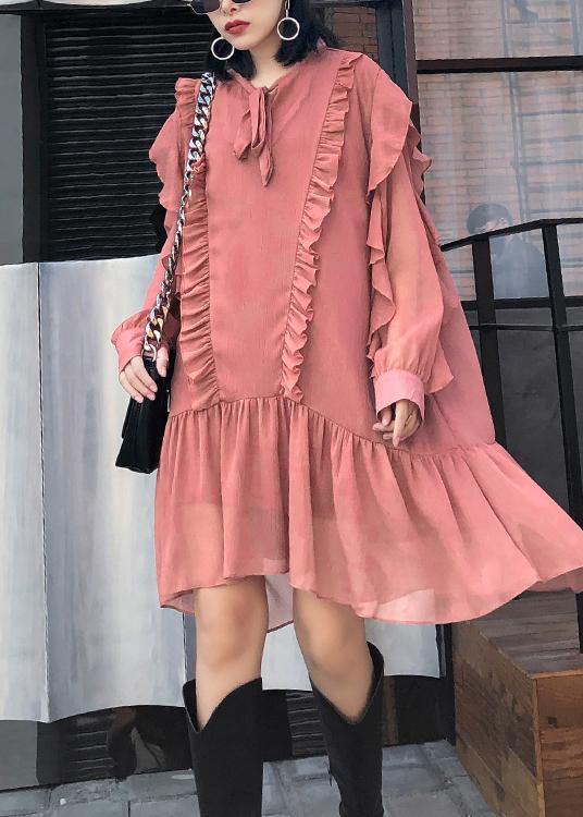 Ruffles Long Sleeve Spring Pink Dress