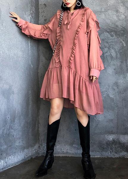 Ruffles Long Sleeve Spring Pink Dress