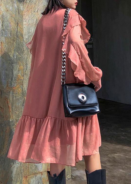 Ruffles Long Sleeve Spring Pink Dress