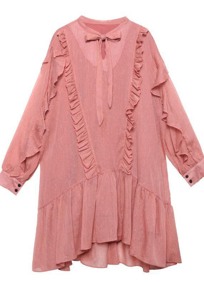 Ruffles Long Sleeve Spring Pink Dress