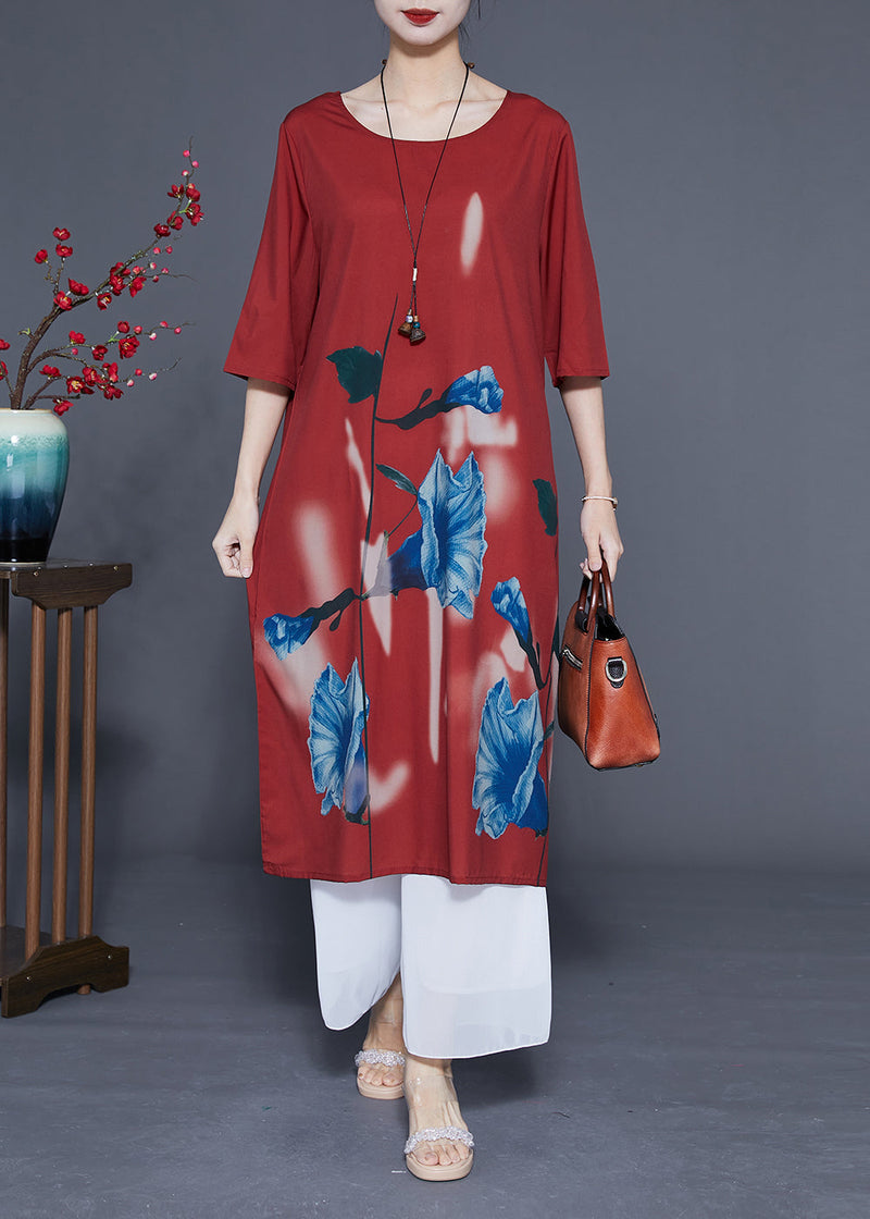 Rust O-neck Morning Glory Print Silk Robe Dresses Half Sleeve