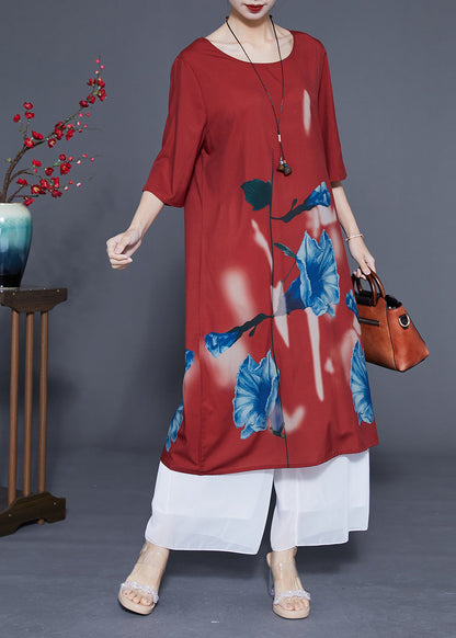Rust O-neck Morning Glory Print Silk Robe Dresses Half Sleeve