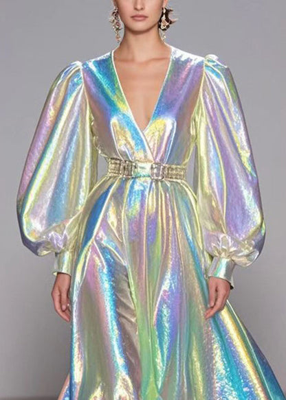 Silvery Deep V-neck Elastic Waist Party Dress Puff Sleeve