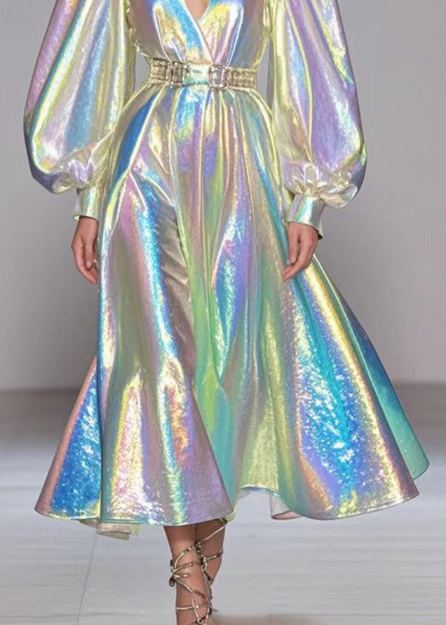Silvery Deep V-neck Elastic Waist Party Dress Puff Sleeve