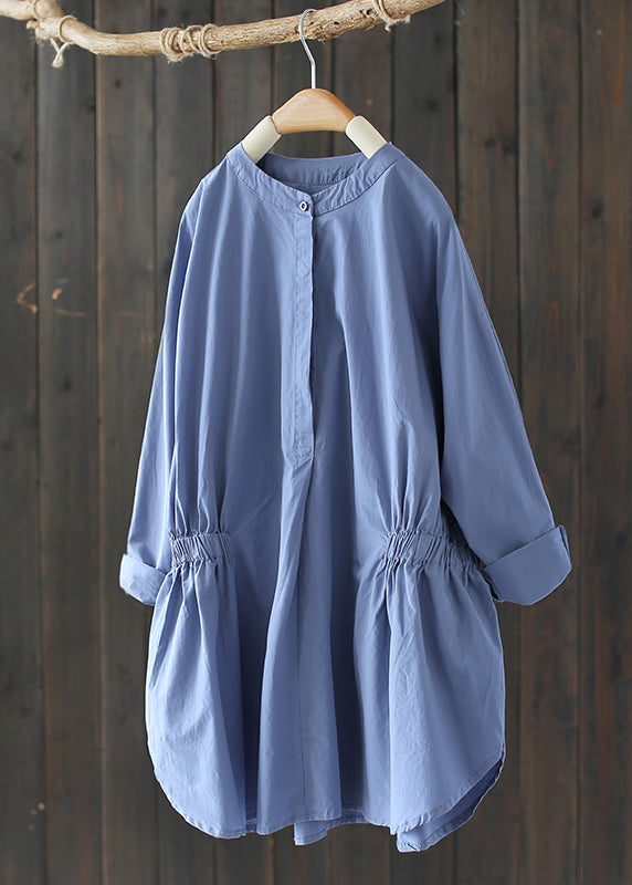 Sky Blue Stand Collar Cinched Shirt Tops Long Sleeve