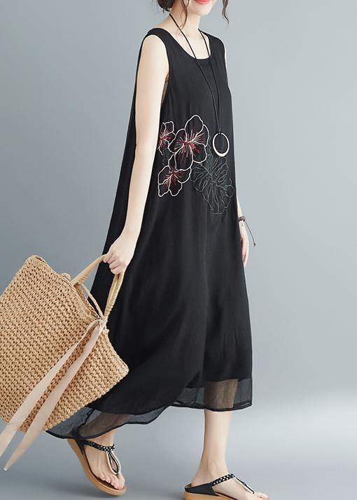 Sleeveless Embroidery Cotton Blended Dresses Runway Black Long Dress Summer