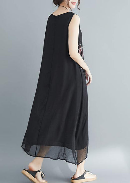 Sleeveless Embroidery Cotton Blended Dresses Runway Black Long Dress Summer