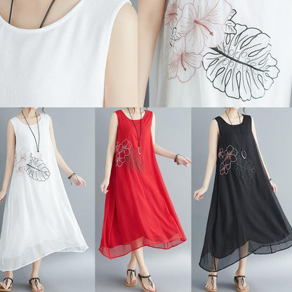 Sleeveless Embroidery Cotton Blended Dresses Runway Black Long Dress Summer