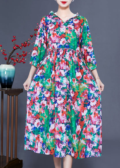 Slim Fit Hooded Ruffled Print Silk Long Dresses Summer