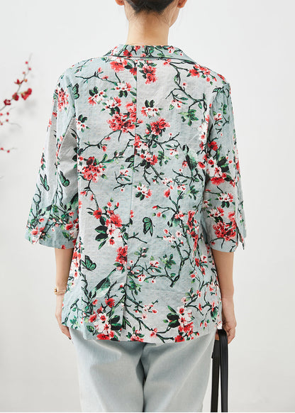 Slim Fit Plum Blossom Print Pockets Linen Coats Half Sleeve