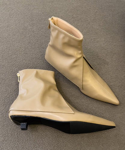 Splicing Ankle Boots Khaki Faux Leather Pointed Toe
