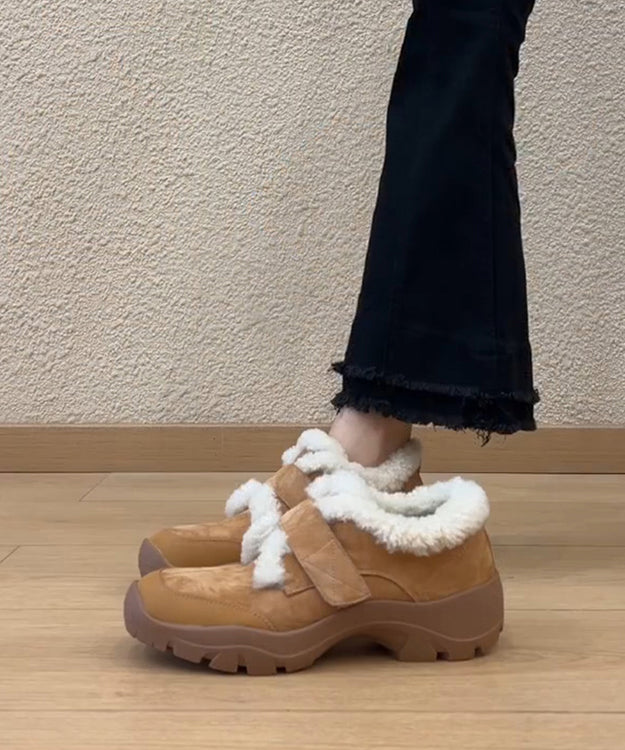 Splicing Platform Loafers Camel Suede Fuzzy Wool Lined