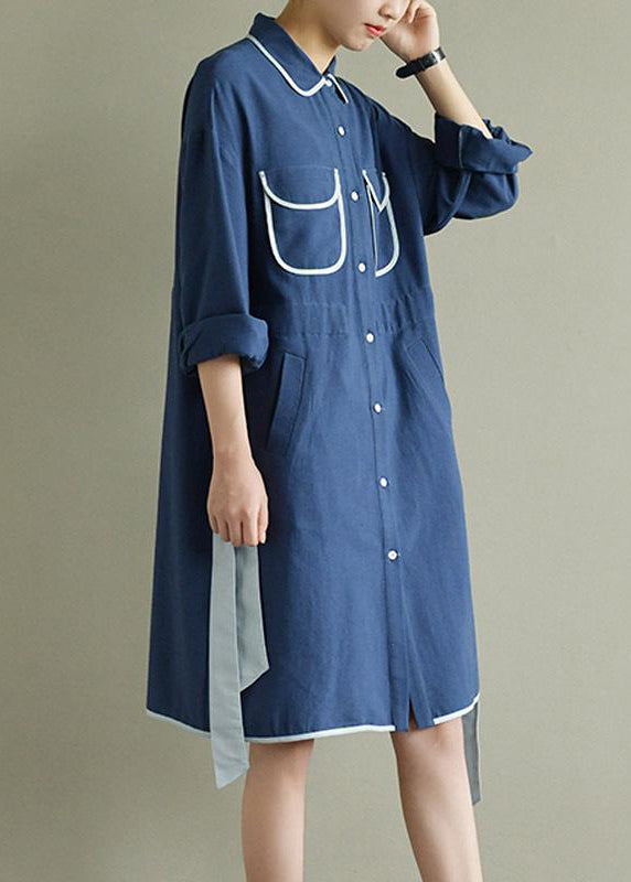 Spring Literary Lacing Splicing Shirt Midi Dress