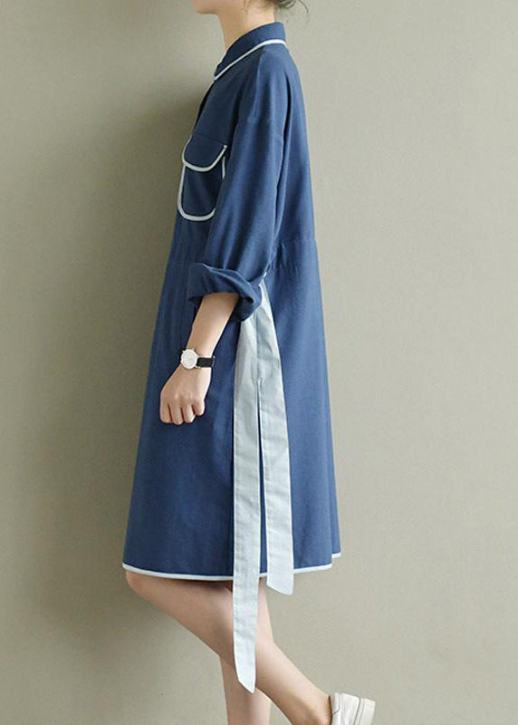 Spring Literary Lacing Splicing Shirt Midi Dress