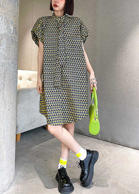 Stand Collar Print Cotton Day Dress Puff Sleeve