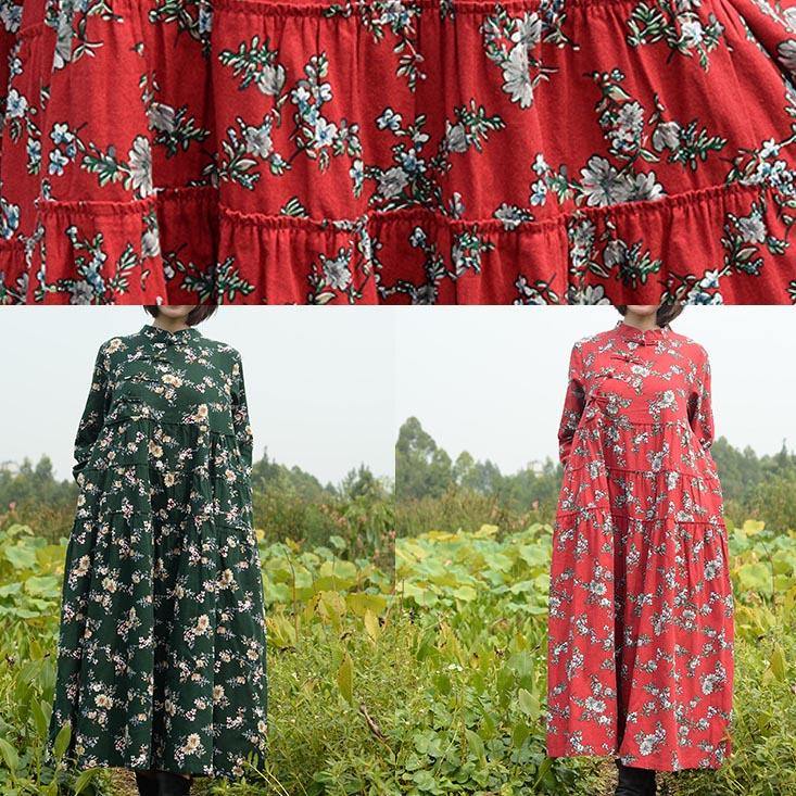 Stand Collar Large Hem Spring Clothes Red Print Long Dresses