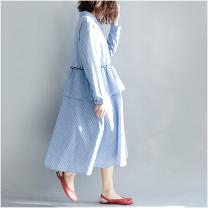Striped Cotton Linen Dresses New Spring Loose Patchwork Ruffles Turn-down Collar Long Dresses