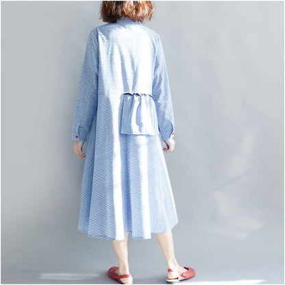 Striped Cotton Linen Dresses New Spring Loose Patchwork Ruffles Turn-down Collar Long Dresses