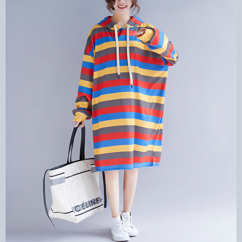 Striped Hooded Dresses Female Loose Pullover Dress