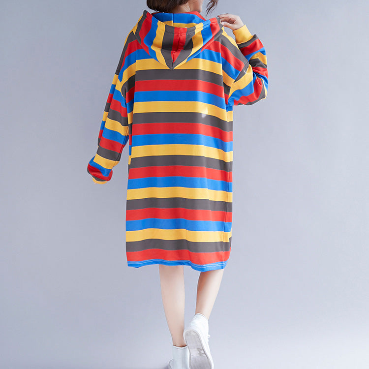Striped Hooded Dresses Female Loose Pullover Dress