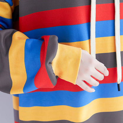 Striped Hooded Dresses Female Loose Pullover Dress