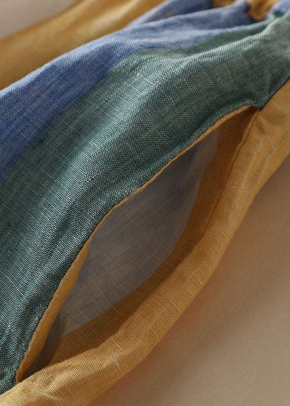 Striped Pockets Patchwork Linen Wide Leg Pants Summer