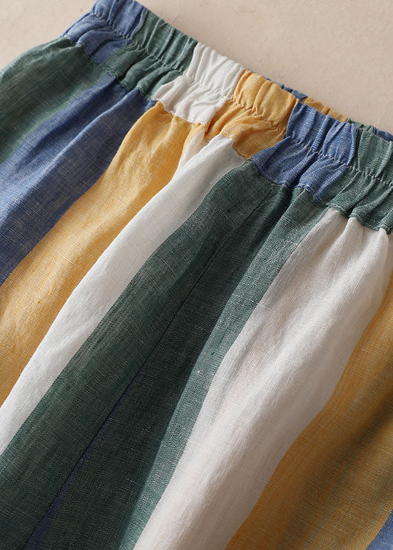 Striped Pockets Patchwork Linen Wide Leg Pants Summer