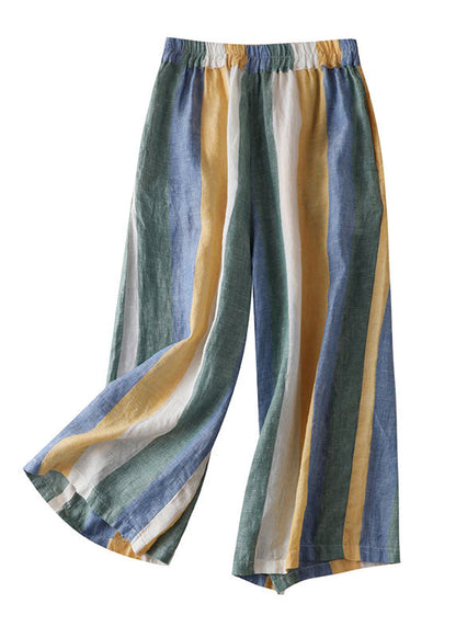 Striped Pockets Patchwork Linen Wide Leg Pants Summer