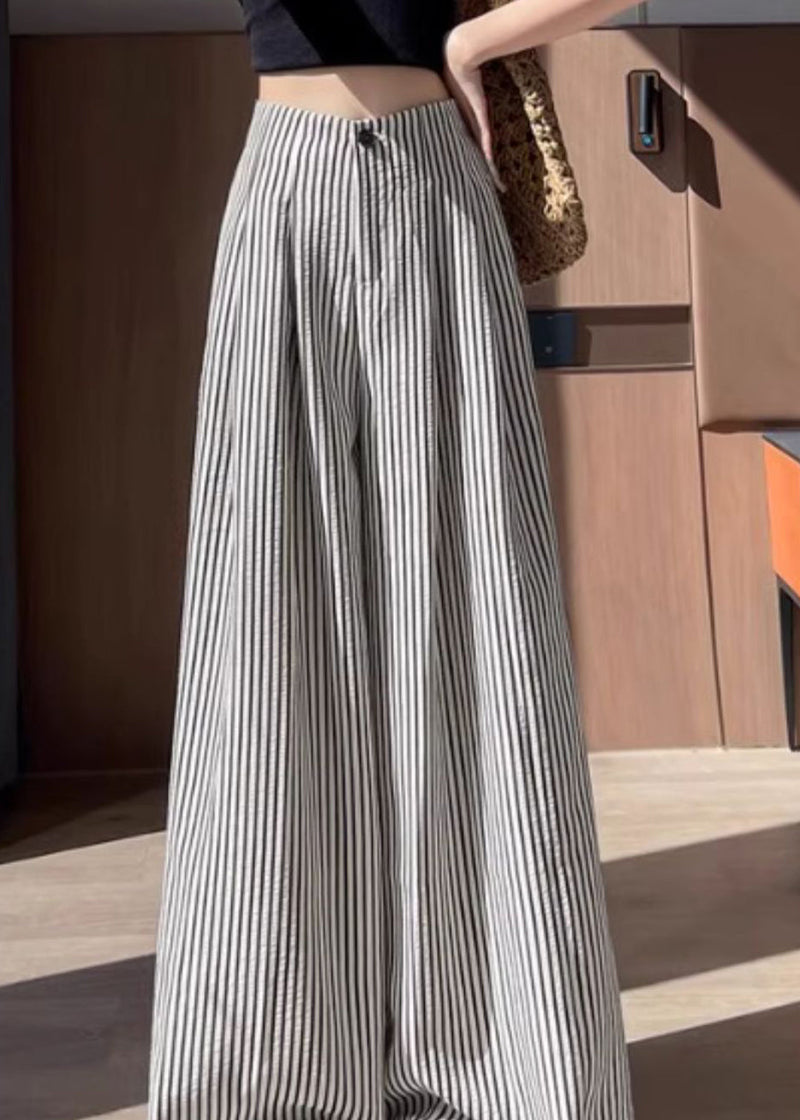 Striped Wrinkled High Waist Cotton Wide Leg Pants Fall