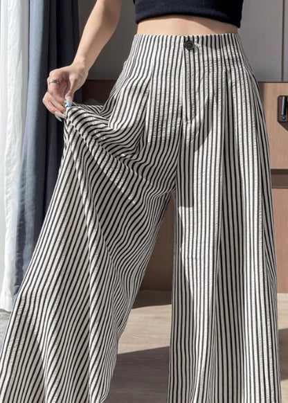 Striped Wrinkled High Waist Cotton Wide Leg Pants Fall