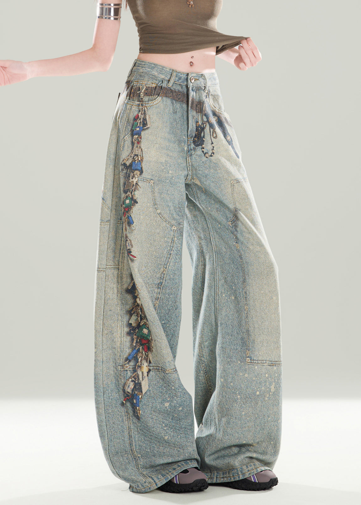 Stylish Blue Pockets Print Denim Wide Leg Pants Fall