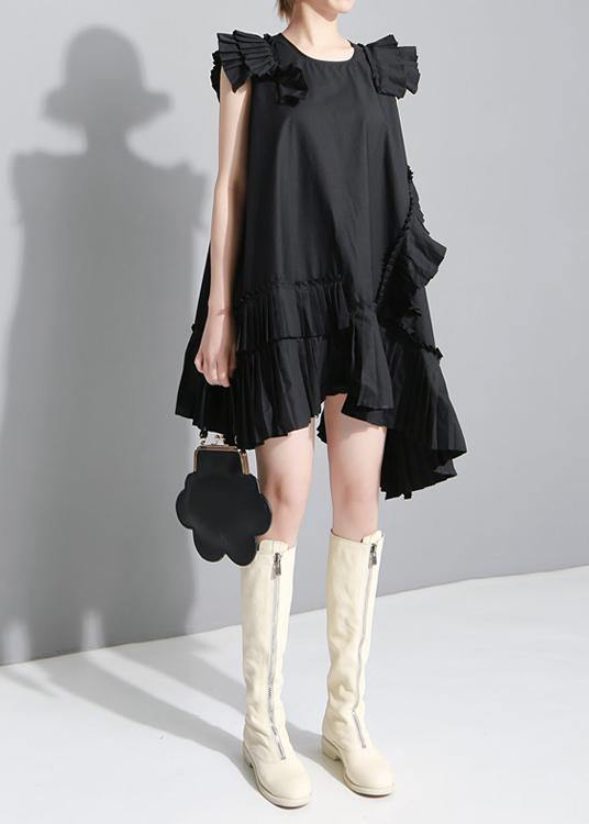 Summer Black Sleeveless Pleated Ruffles Dress