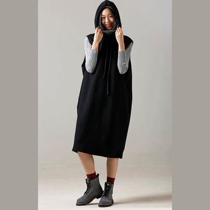 Sweater Weather Refashion Fall Hooded Black Big Knitted Tops Sleeveless