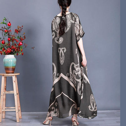 Tea Green Print Loose Silk Dress Summer