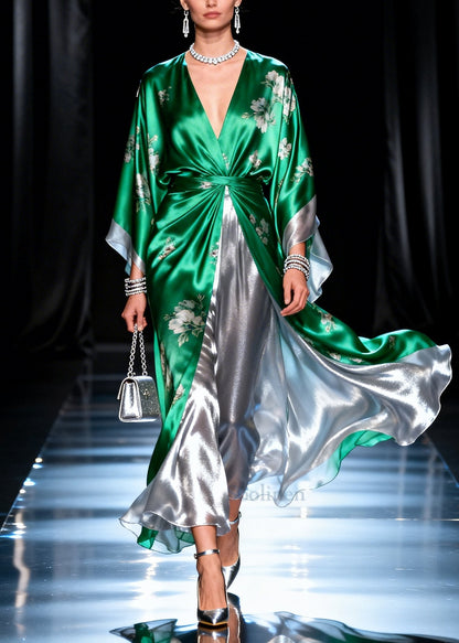 Tea Green Print Patchwork Chiffon Long Dress Summer