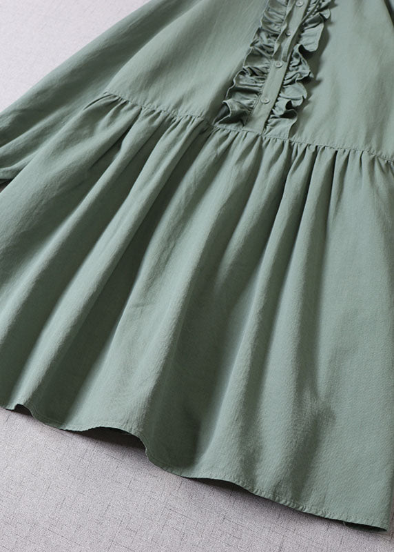 Tea Green Ruffled Button Cotton Dress Long Sleeve
