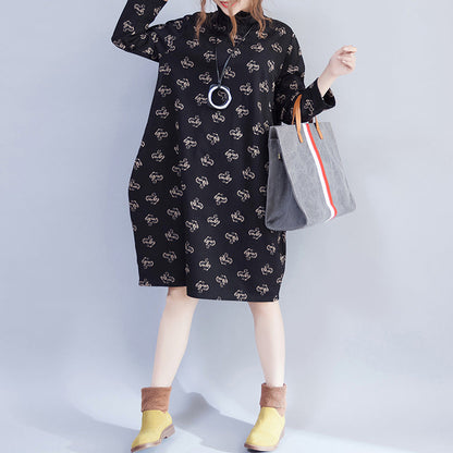 Turtleneck Velvet Dress Lady Print Dresses