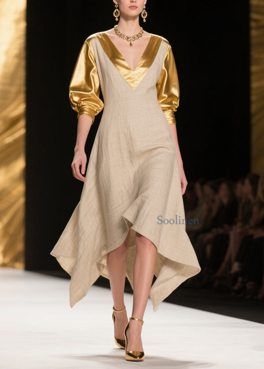 V Neck Asymmetrical Design Patchwork Linen Silk Dress Summer
