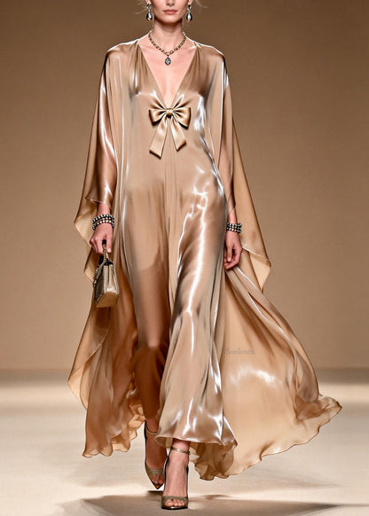 V Neck Bow Patchwork Silk Maxi Dresses Spring