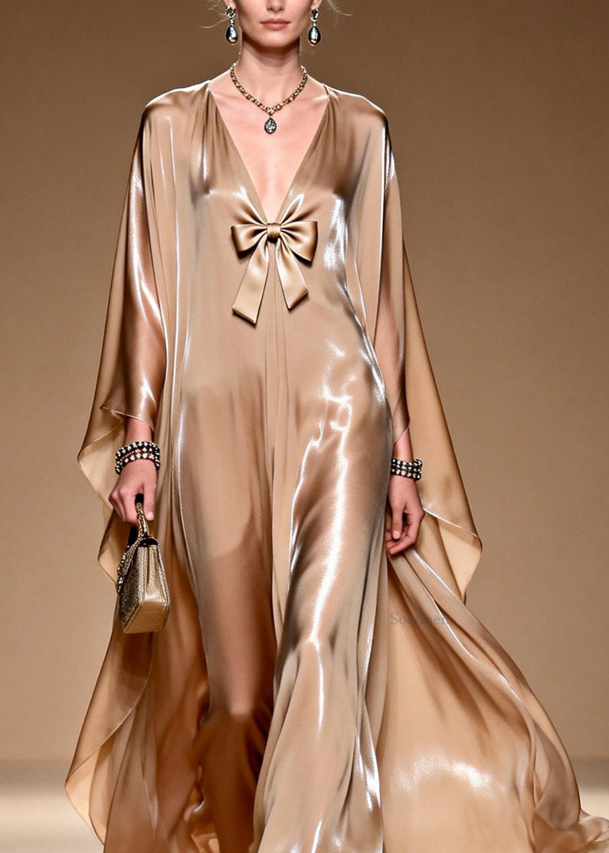 V Neck Bow Patchwork Silk Maxi Dresses Spring