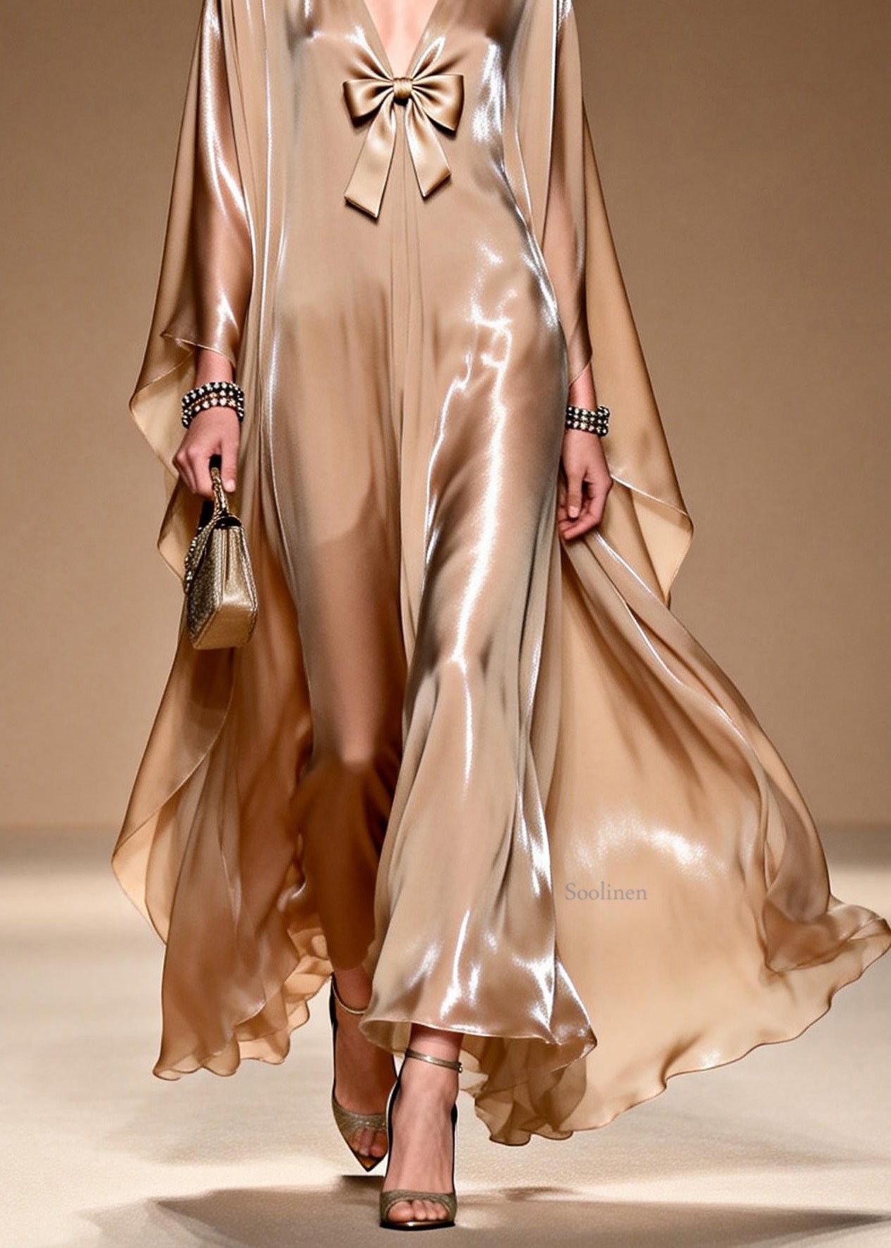 V Neck Bow Patchwork Silk Maxi Dresses Spring