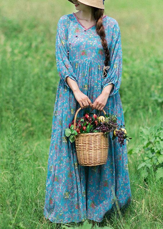 V Neck Cinched Spring Clothes Runway Blue Print Robes Dress